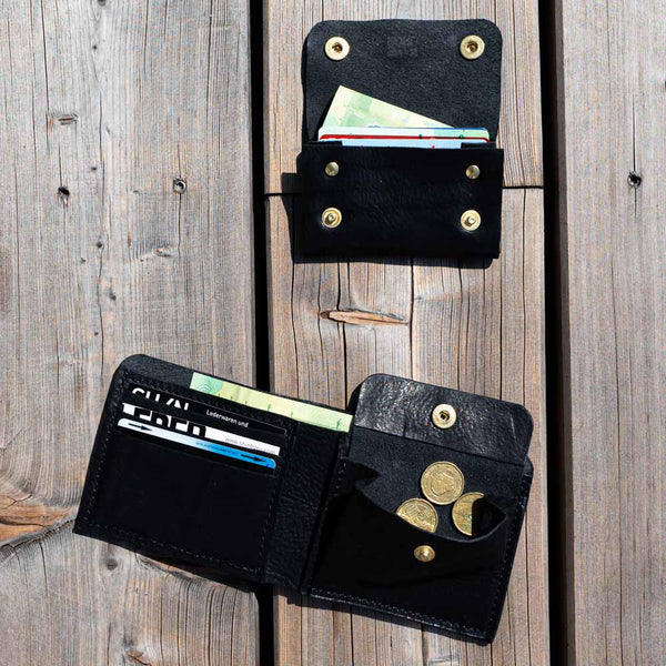 Portemonnaie mit Münzfach und kleine Geldbörse aus schwarzem Leder